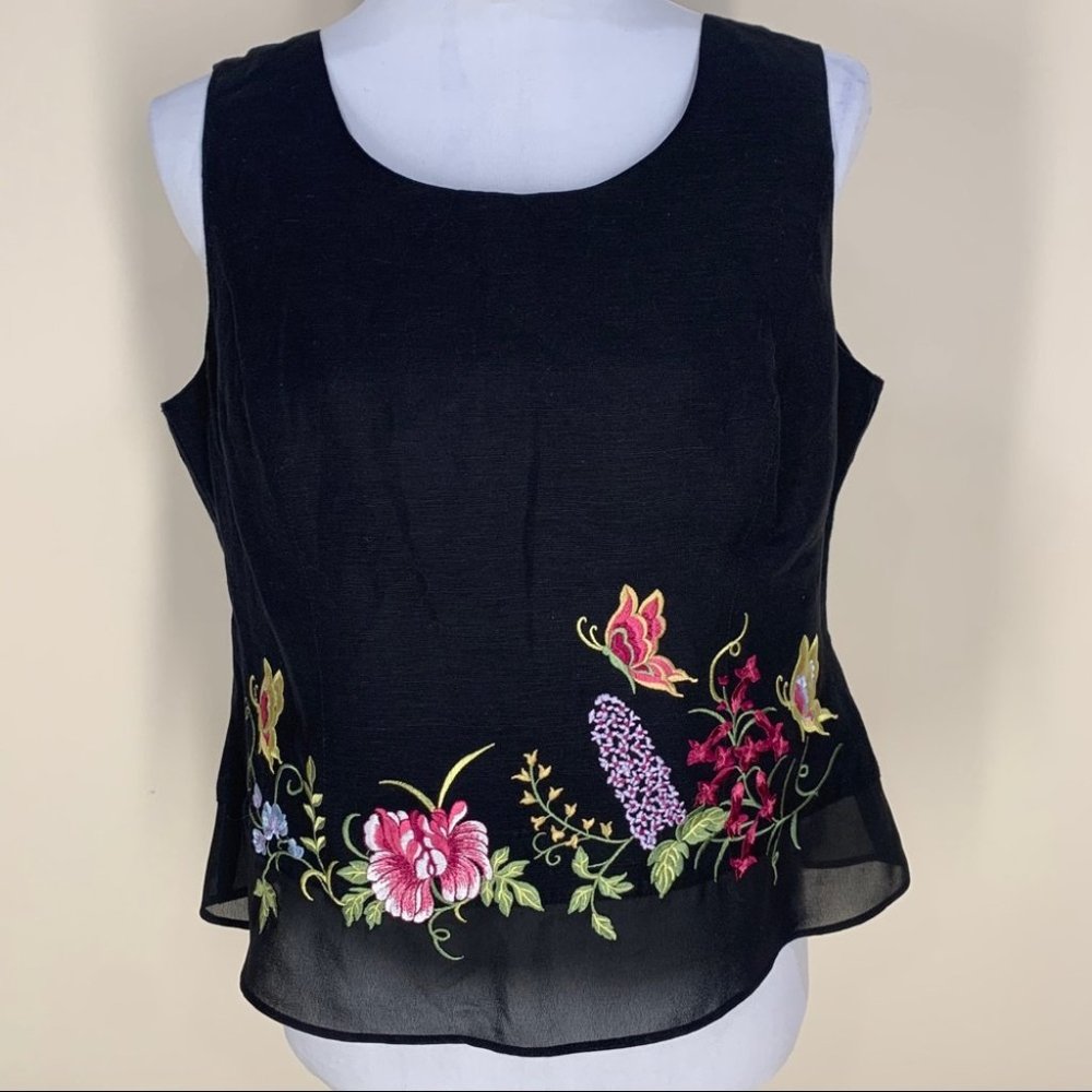 Plaza South Petite Embroidered Floral Black Tank Top